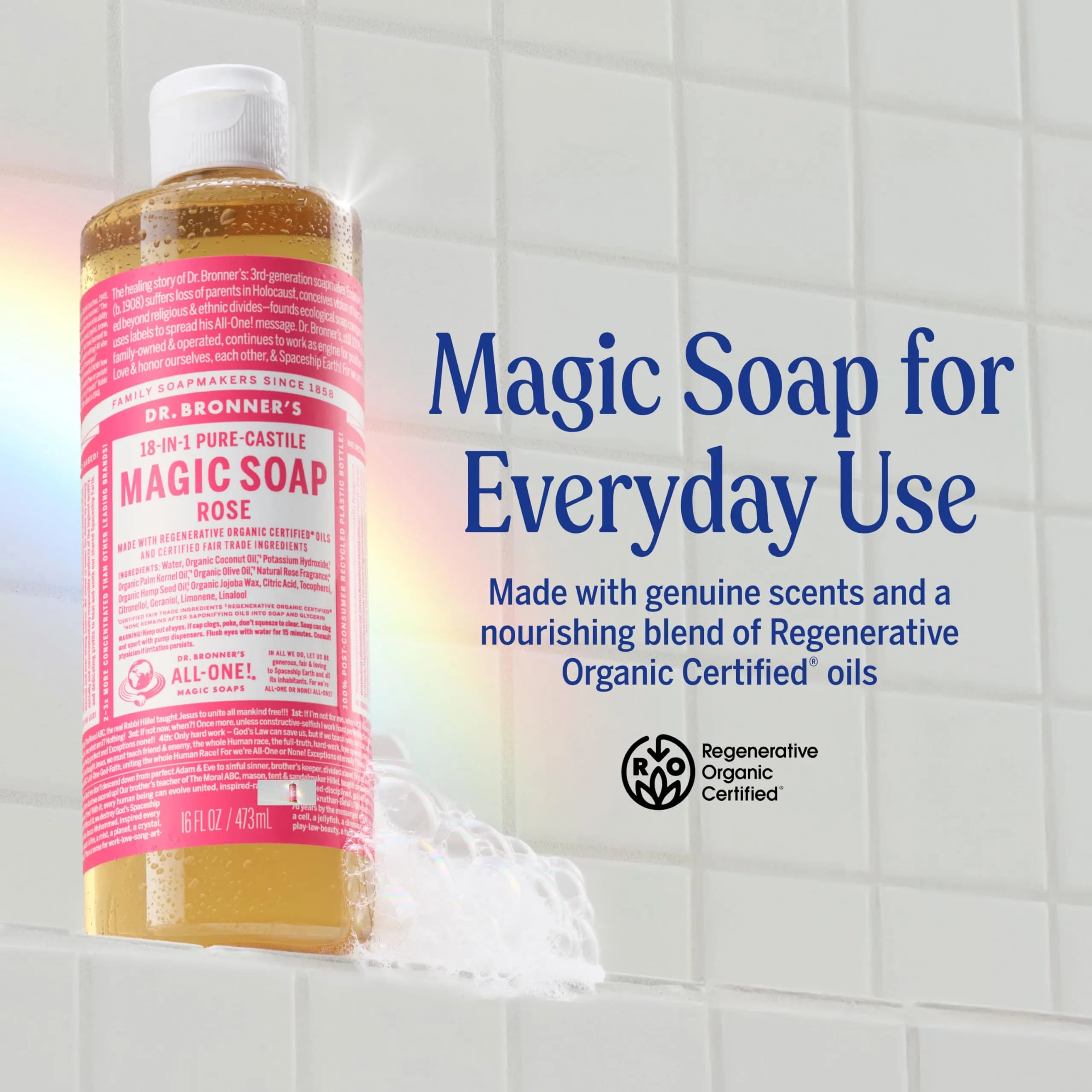 Dr. Bronner's Rose Pure-Castile Liquid Soap 473ml (16 Fl Oz) | Gentle All-Purpose Cleanser - view 2