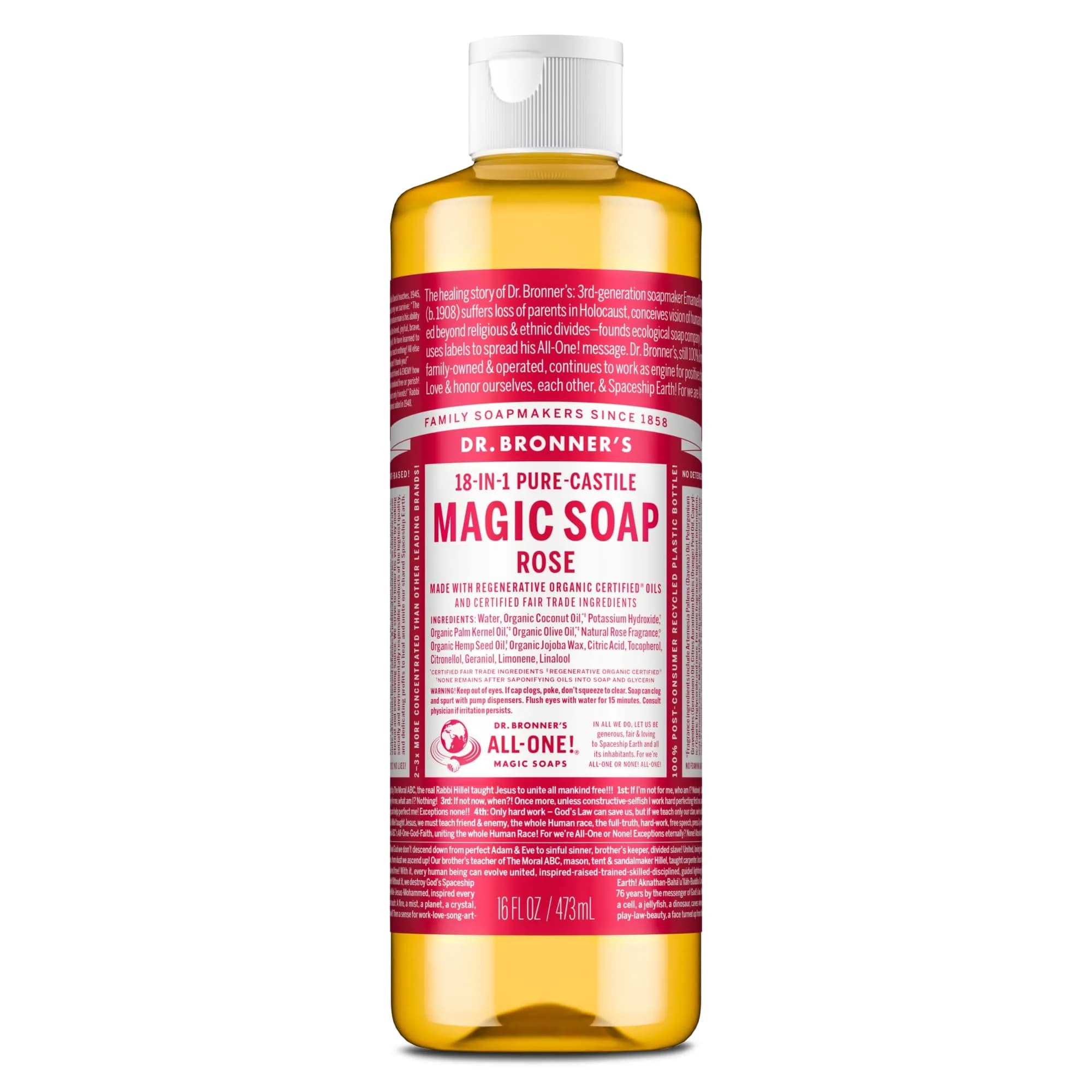 Dr. Bronner's Rose Pure-Castile Liquid Soap 237ml (8 Fl Oz) | 18-in-1 Uses: Body Wash, Hand Soap, Shampoo, Laundry & More — 16 Fl Oz