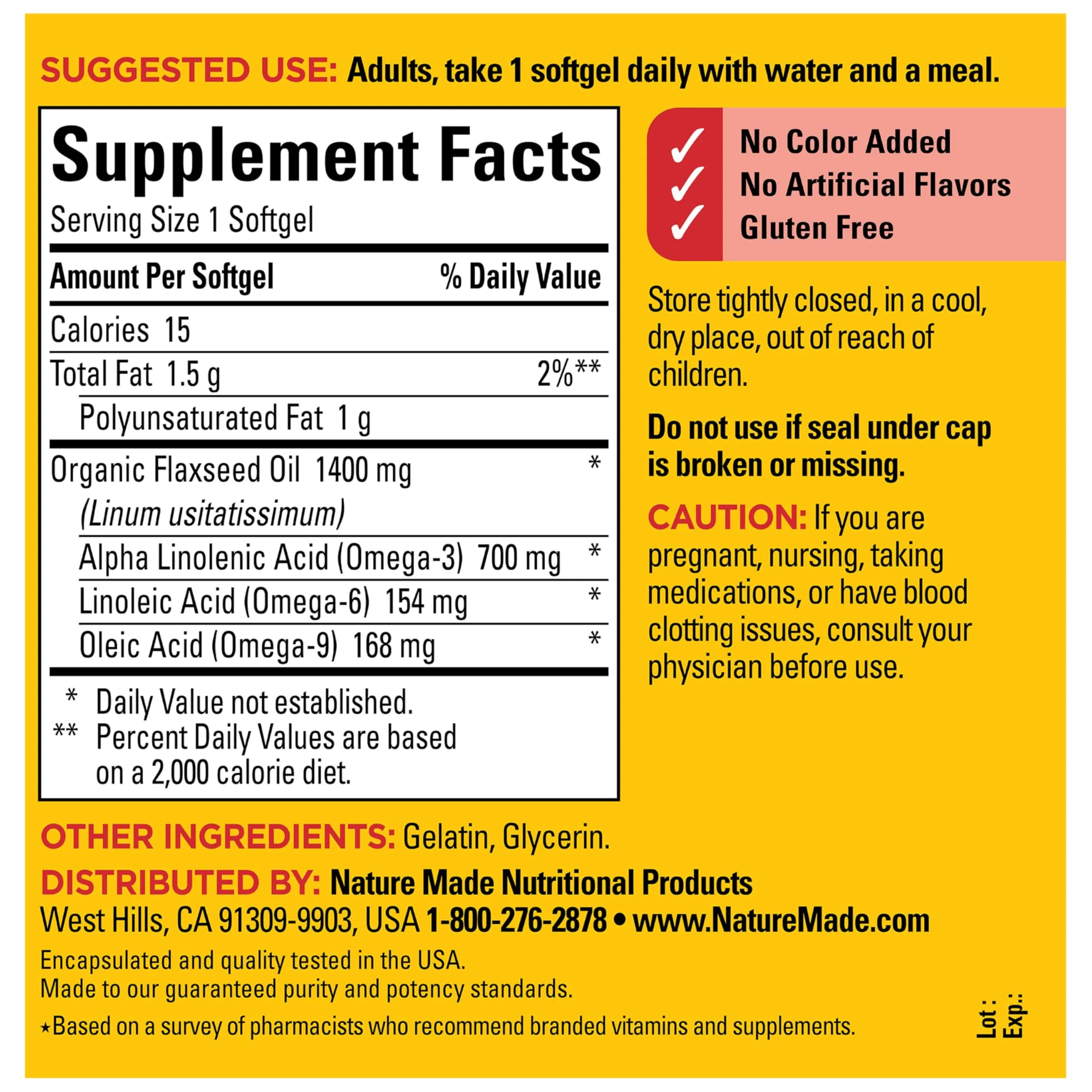 Nature Made Extra Strength Flaxseed Oil 1400 mg Softgels, 100 Softgels | Fish-Free Omega-3 for Heart Health - view 7