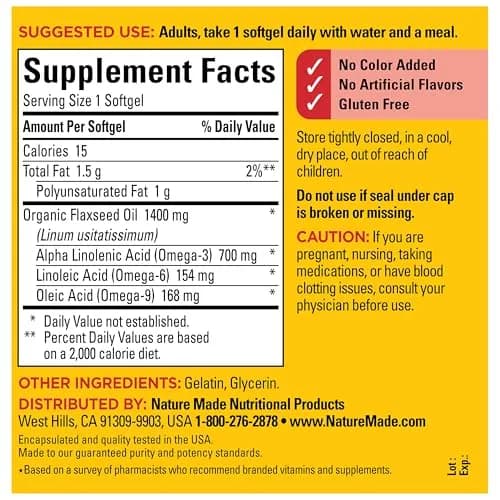 Nature Made Extra Strength Flaxseed Oil 1400 mg Softgels, 100 Softgels | Fish-Free Omega-3 for Heart Health thumbnail 7