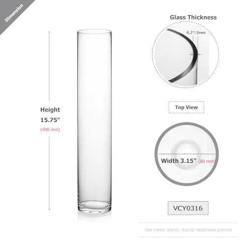 WGVI Thick Weighted Clear Cylinder Glass Vase 3" W x 16" H | Elegant Floral Display (110 characters) thumbnail 2