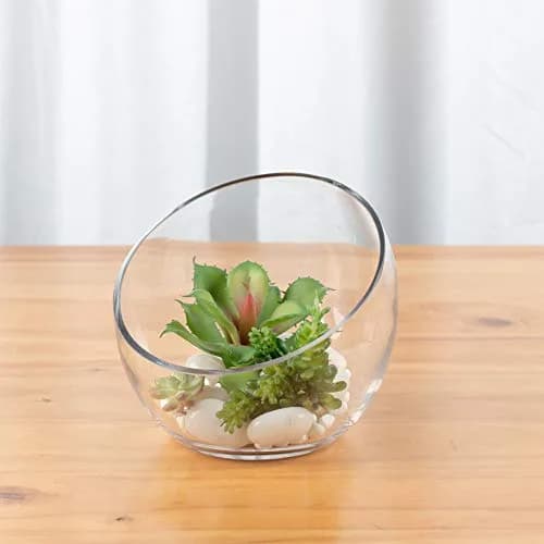WGVI Clear Slant Cut Bowl Glass Vase, Glass Terrarium, Candy Dish, 7" Width, 6" Height | Handcrafted Minimalist Decor thumbnail 7