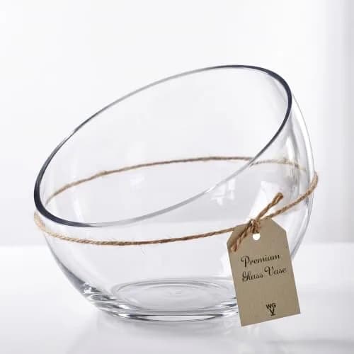 WGVI Clear Slant Cut Bowl Glass Vase, Glass Terrarium, Candy Dish, 7" Width, 6" Height | Handcrafted Minimalist Decor thumbnail 2