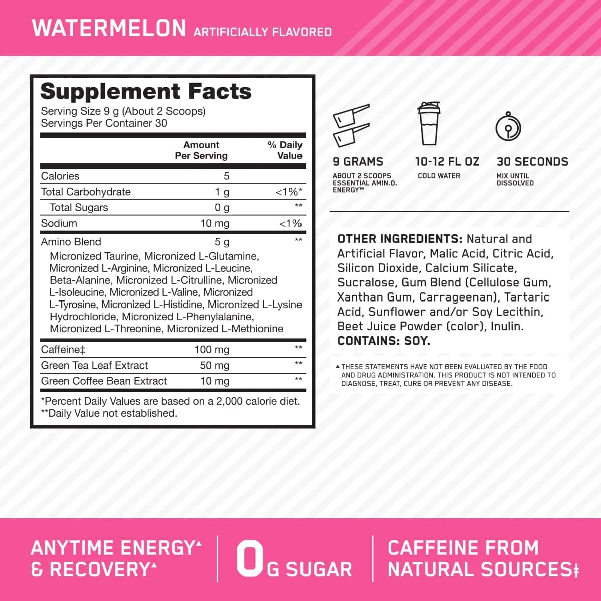 Optimum Nutrition Essential AmiN.O. Energy Powder, Watermelon Flavor - 9.5 oz | Supports Recovery & Energy - view 3