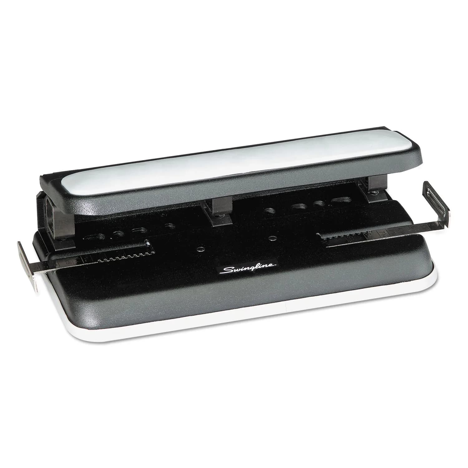 Swingline Heavy-Duty 3-Hole Punch, Adjustable, 9/32-Inch Holes, 32 Sheets Cap, Black | Durable Metal Construction with Patented Centamatic Centering — black