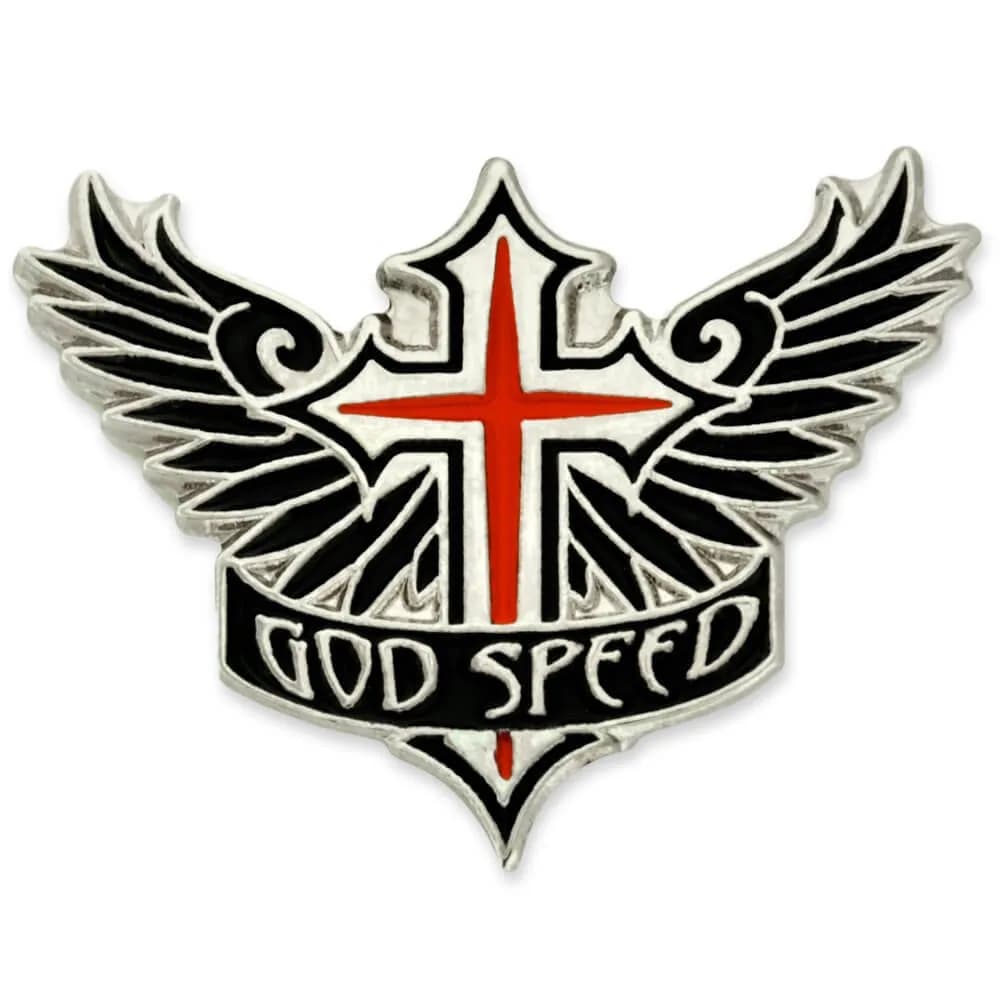 PinMart God Speed Cross Angel Wings Biker Enamel Lapel Pin – 1 Piece | Symbol of Safe Travels & Good Fortune — God Speed Cross