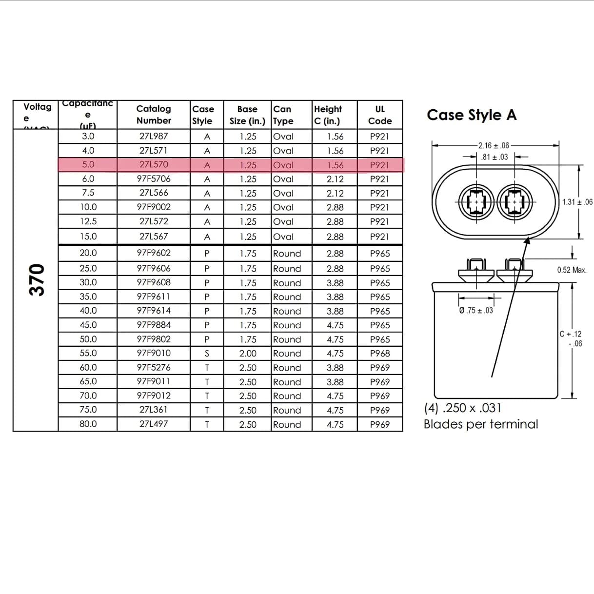 Genteq C305L Oval Run Capacitor 5 uf MFD 370 Volt | 2.27 kg (5 lb) Oval Run Capacitor - view 5