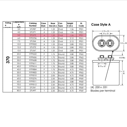 Genteq C305L Oval Run Capacitor 5 uf MFD 370 Volt | 2.27 kg (5 lb) Oval Run Capacitor thumbnail 5