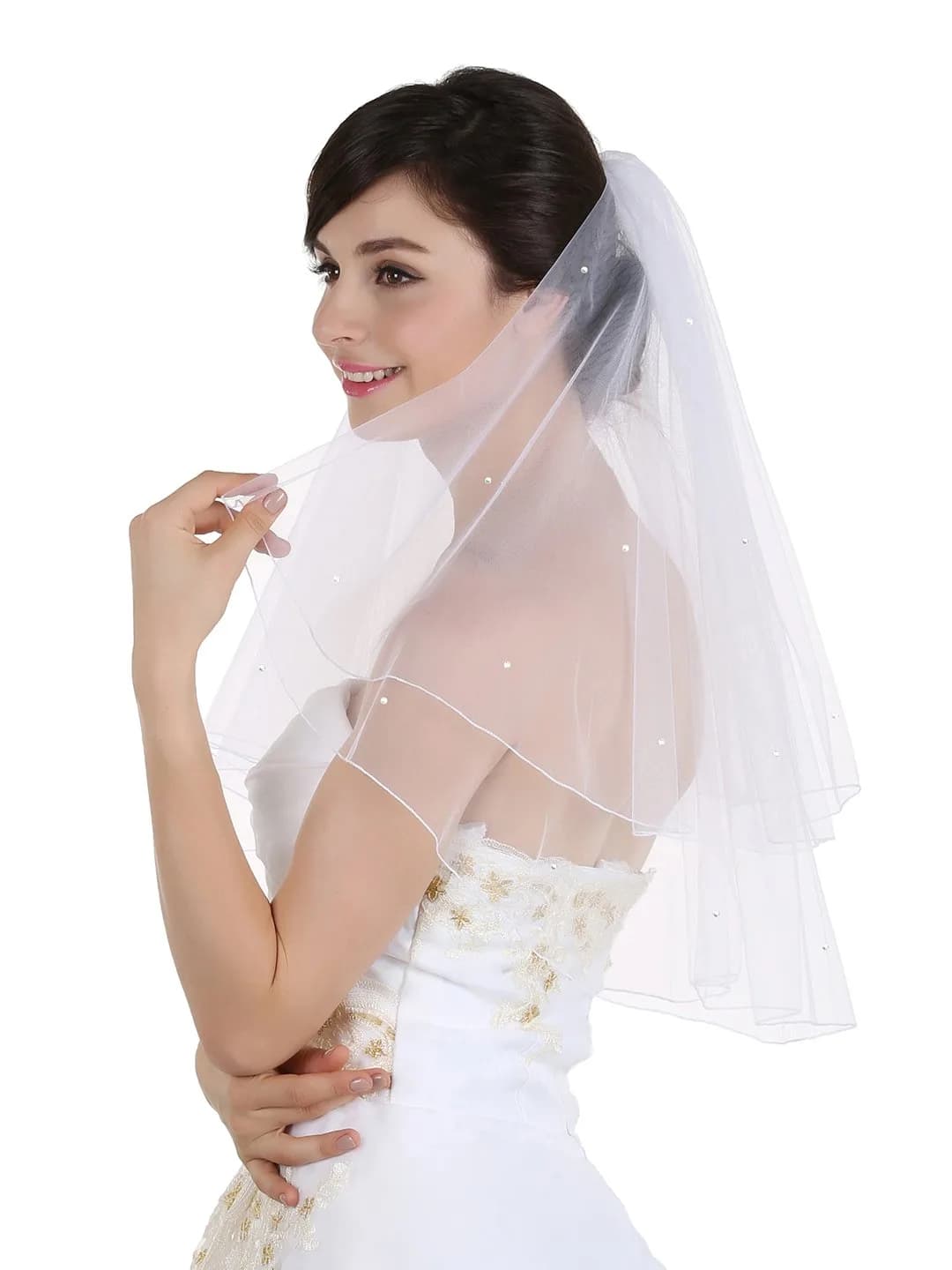 SAMKY 2T 2 Tier Rhinestone Veil - White Fingertip Length 36" | Bridal Accessory — Ivory / Elbow Length 30"