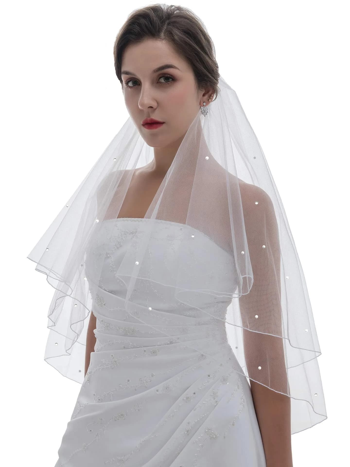 SAMKY Bridal Rhinestone Crystal Veil Light Ivory Elbow Length 30" | Elegant Wedding Accessory thumbnail 2
