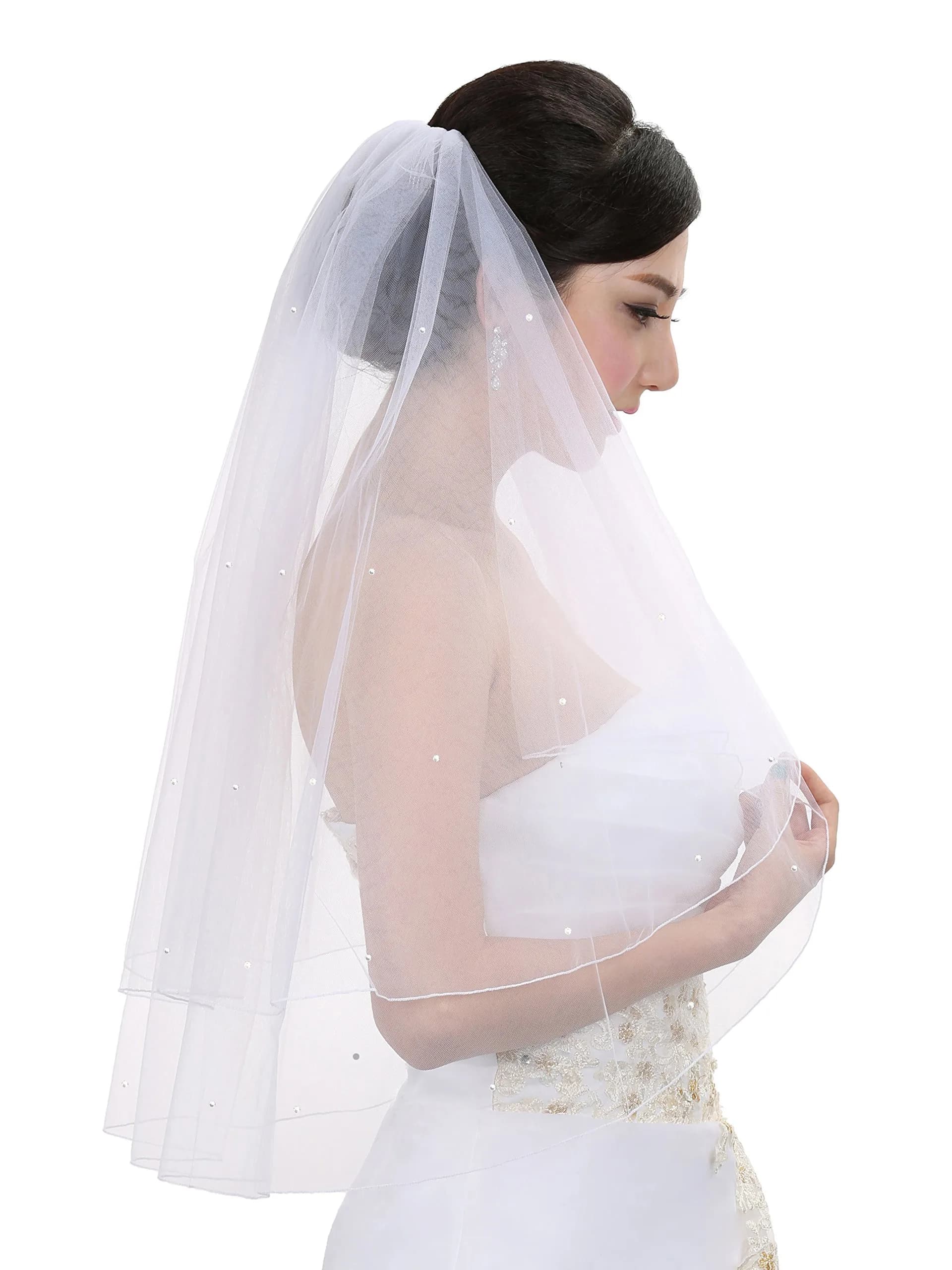 SAMKY 2T 2 Tier Rhinestone Veil - White Fingertip Length 36" | Bridal Accessory — White