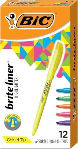 BIC Brite Liner Highlighters 12-Count Pack Assorted Colors | Long-Lasting, Safe for School thumbnail 1
