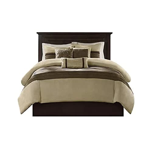 Madison Park Faux Suede Queen Comforter Set with Bed Skirt, Natural, 7pc | All-Season Microfiber Bedding thumbnail 1