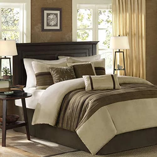Madison Park Faux Suede Queen Comforter Set with Bed Skirt, Natural, 7pc | All-Season Microfiber Bedding thumbnail 2