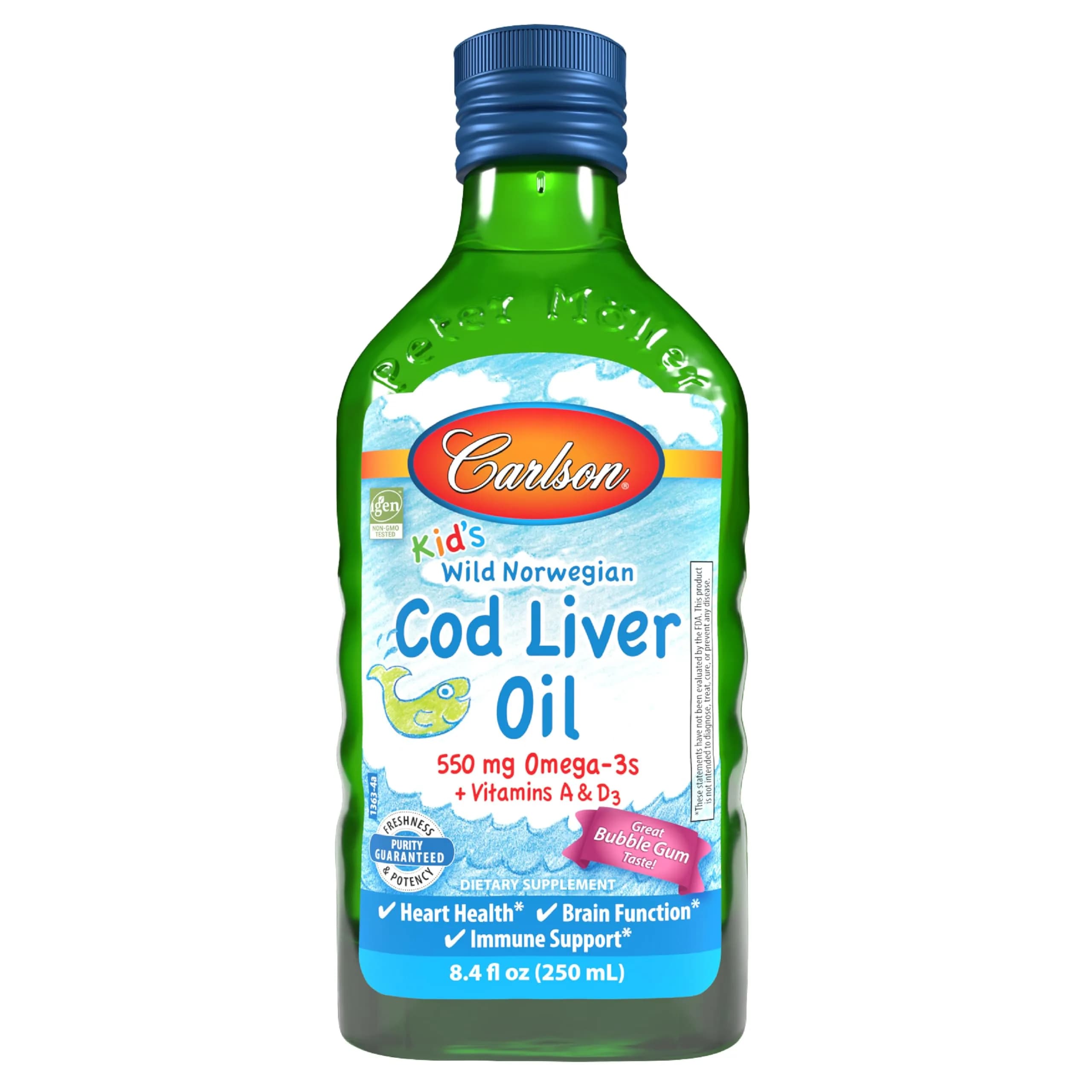 Carlson Cod Liver Oil Liquid 250ml (8.4 Fl Oz) | Heart, Brain, Vision & Joint Health Support — Bubble Gum / 8.4 Fl Oz