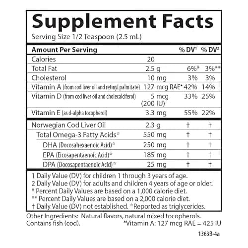 Carlson Kid's Cod Liver Oil 550 mg 250ml (8.4 Fl Oz) | Omega-3s for Heart, Brain & Immune Health thumbnail 8
