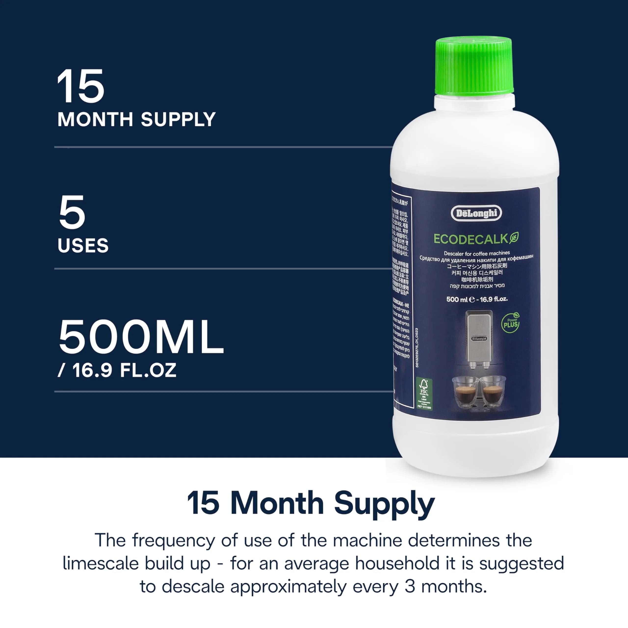 De'Longhi EcoDecalk Universal Descaler 500ml (16.9 Fl Oz) | Coffee Machine Limescale Remover - view 6