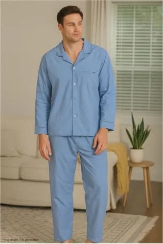 Hanes Men's Woven Plain-Weave Pajama Set, Blue Solid, Small | Comfortable Sleepwear for Men thumbnail 2