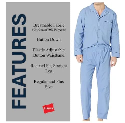 Hanes Men's Woven Plain-Weave Pajama Set, Blue Solid, Small | Comfortable Sleepwear for Men thumbnail 3