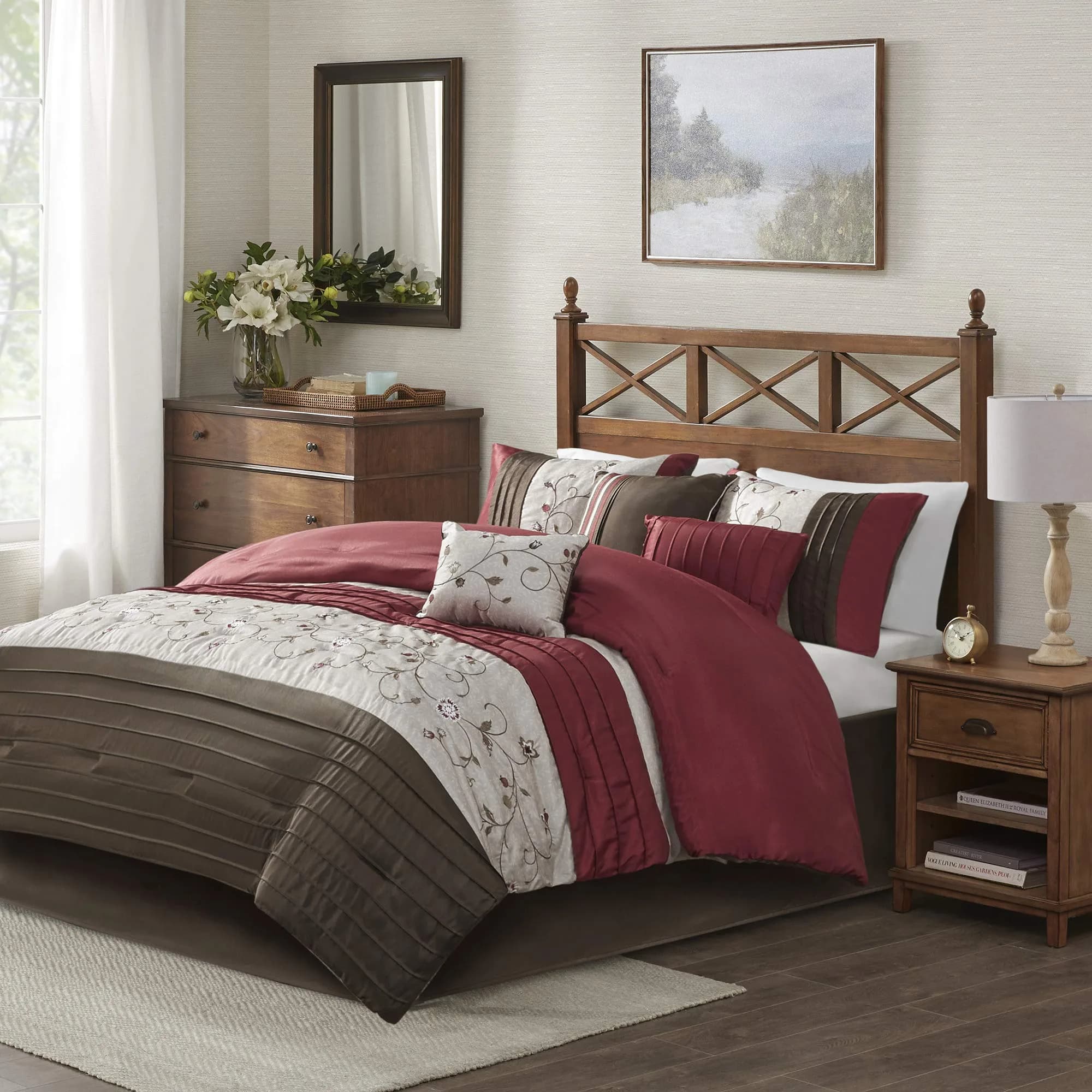 Madison Park Faux Silk Floral Embroidered Comforter Set, 7PC King | Elegant Floral Design with Soft Shine