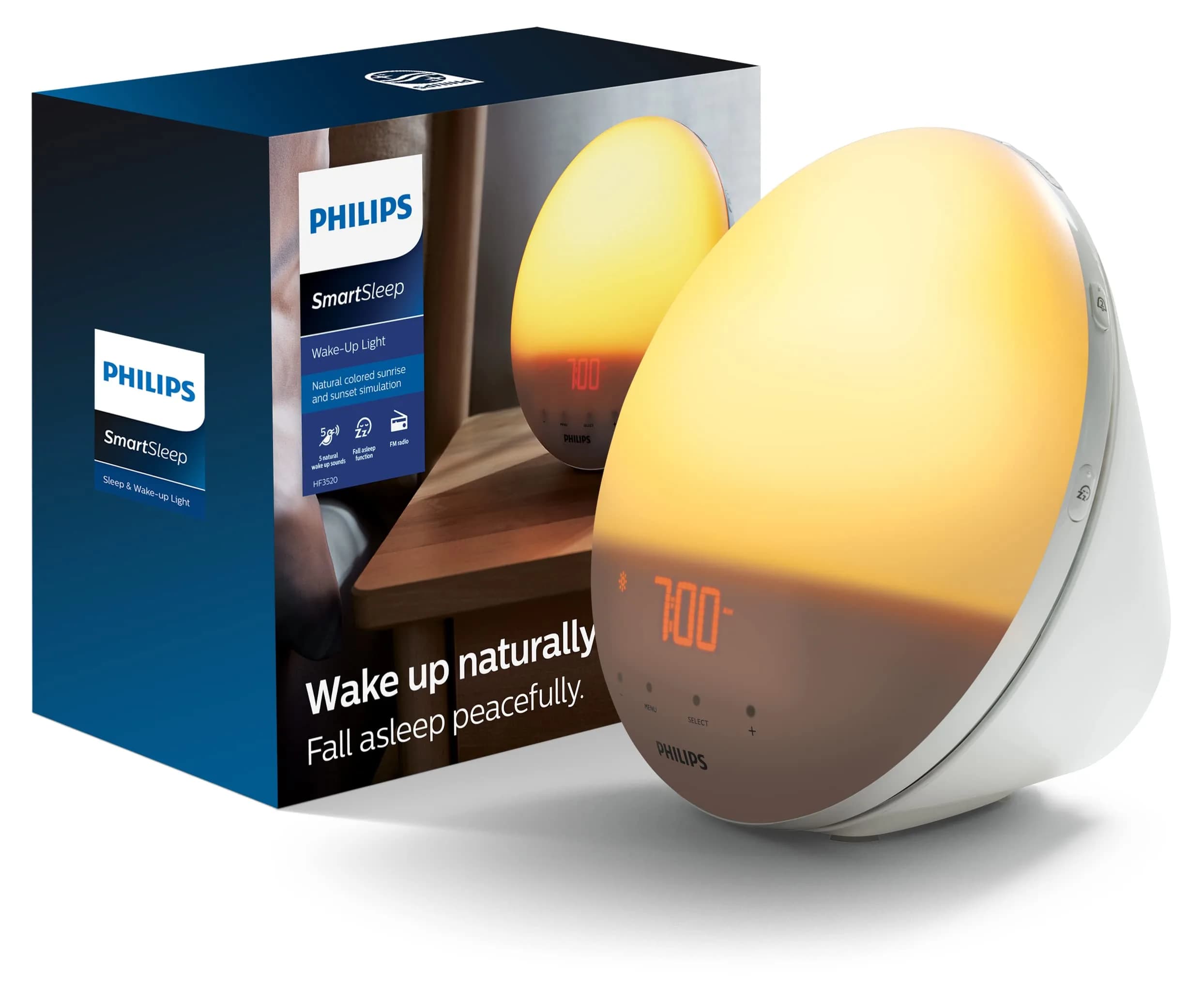 Philips Wake-Up Light, Colored Sunrise & Sunset Simulation, 5 Natural Sounds, FM Radio & Reading Lamp, Tap Snooze, HF3520/60