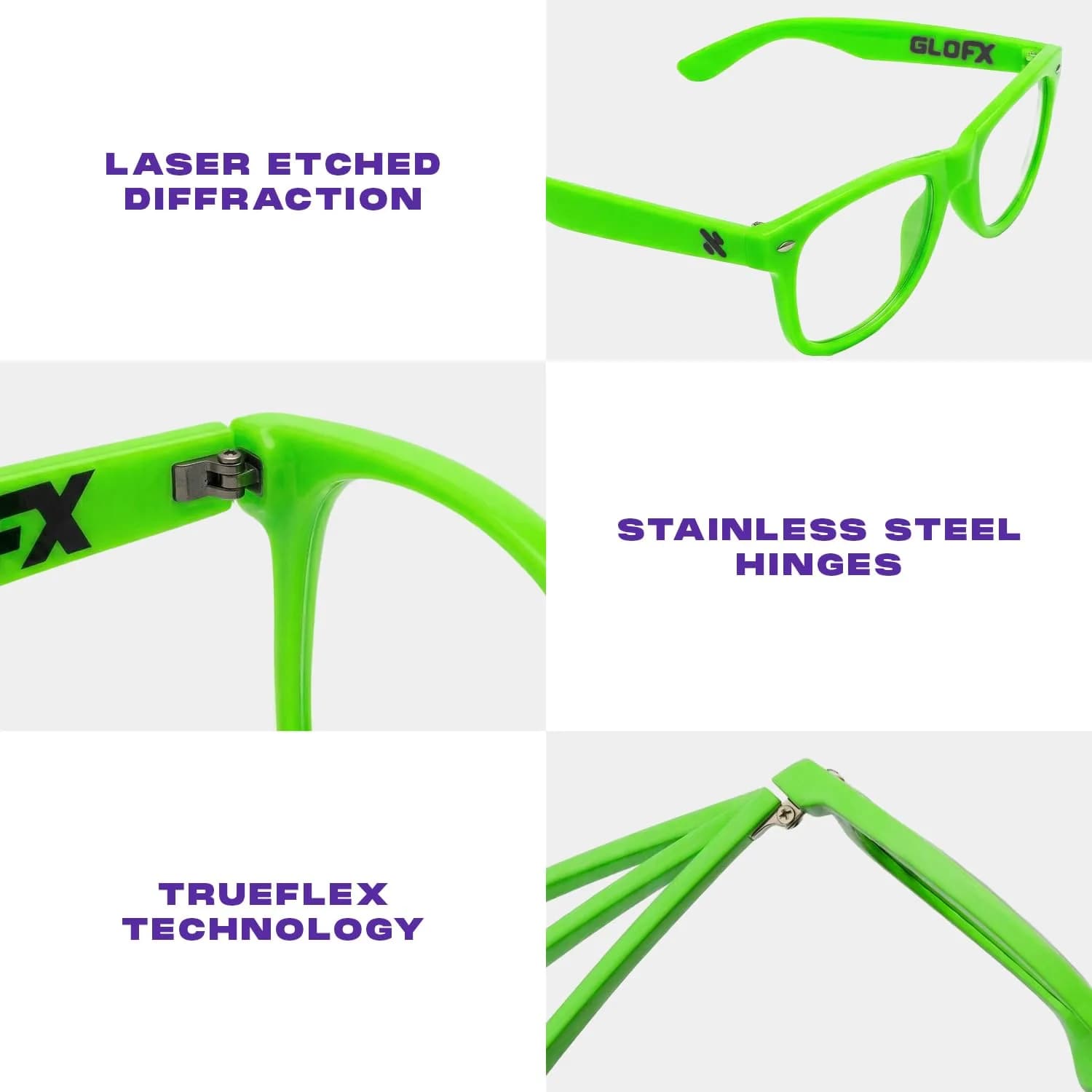 GloFX Ultimate Diffraction Glasses - Black Frame, Rainbow Lens | Lightweight & Durable — Green / Line thumbnail 4