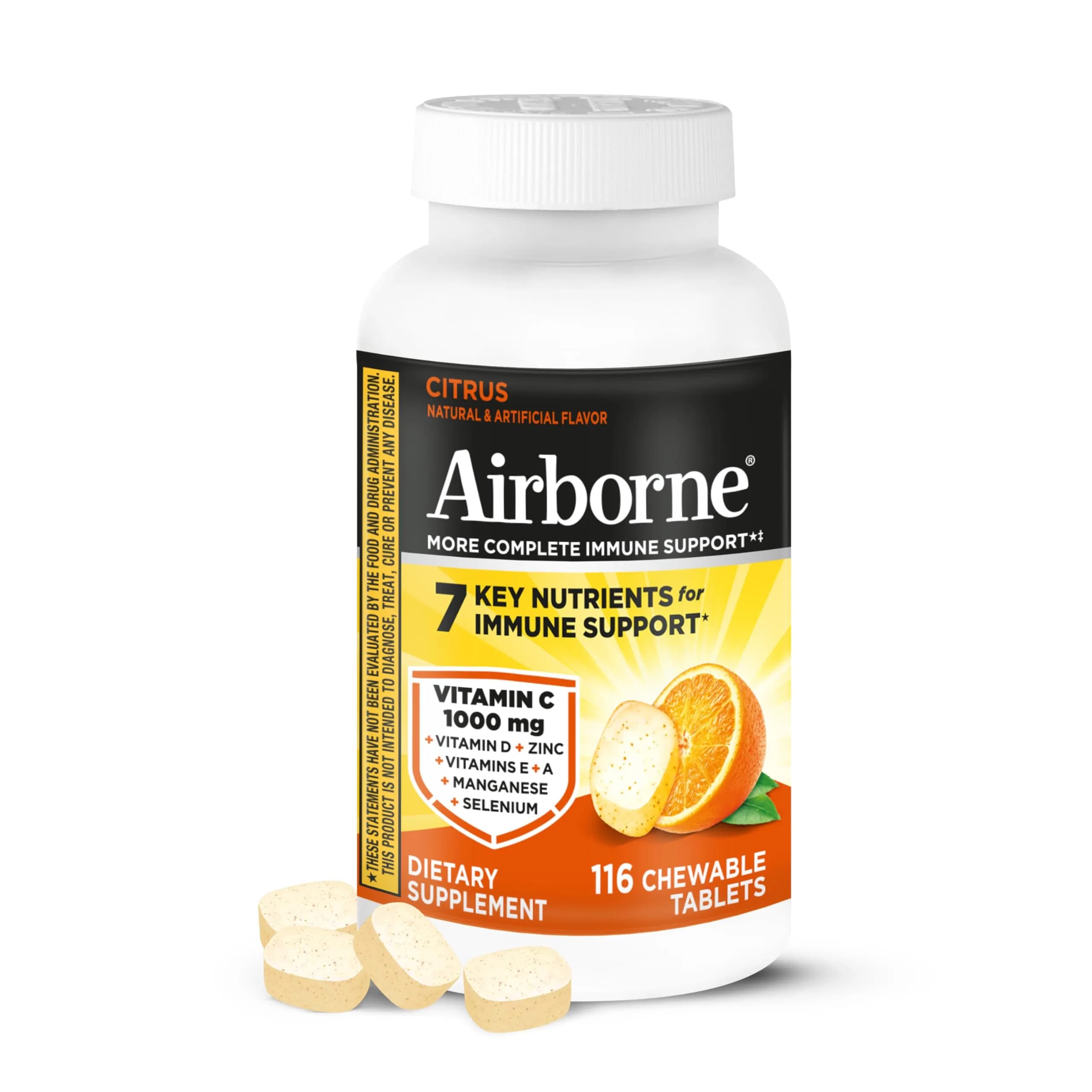 Airborne Citrus Chewable Tablets 116ct | Immune Support with 1000mg Vitamin C & Herbal Blend