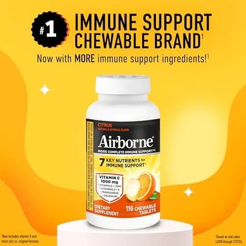 Airborne Citrus Chewable Tablets 116ct | Immune Support with 1000mg Vitamin C & Herbal Blend thumbnail 2