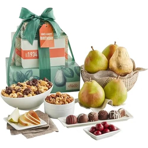Harry & David Birthday Gift Tower | Assorted Gourmet Treats & Pears (2 lb 3 oz) | Perfect for Celebrations thumbnail 1