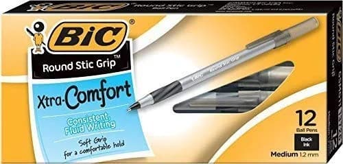 BIC Medium Ultra Round Stic Grip Ballpoint Pen, 12/Pack | Refillable, Black Ink, 6.1 Inches