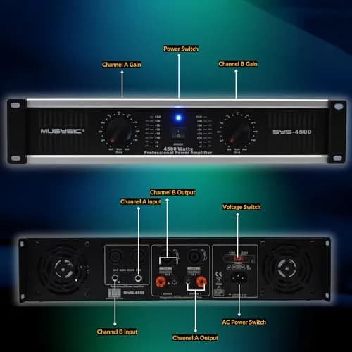 MUSYSIC Professional Power Amplifier 2 Channel 4500W | 2200W at 2Ω, 1100W at 4Ω, 550W at 8Ω, Rack Mount thumbnail 4