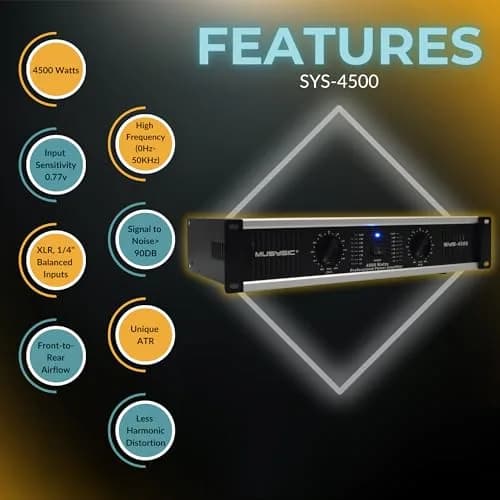 MUSYSIC Professional Power Amplifier 2 Channel 4500W | 2200W at 2Ω, 1100W at 4Ω, 550W at 8Ω, Rack Mount thumbnail 2