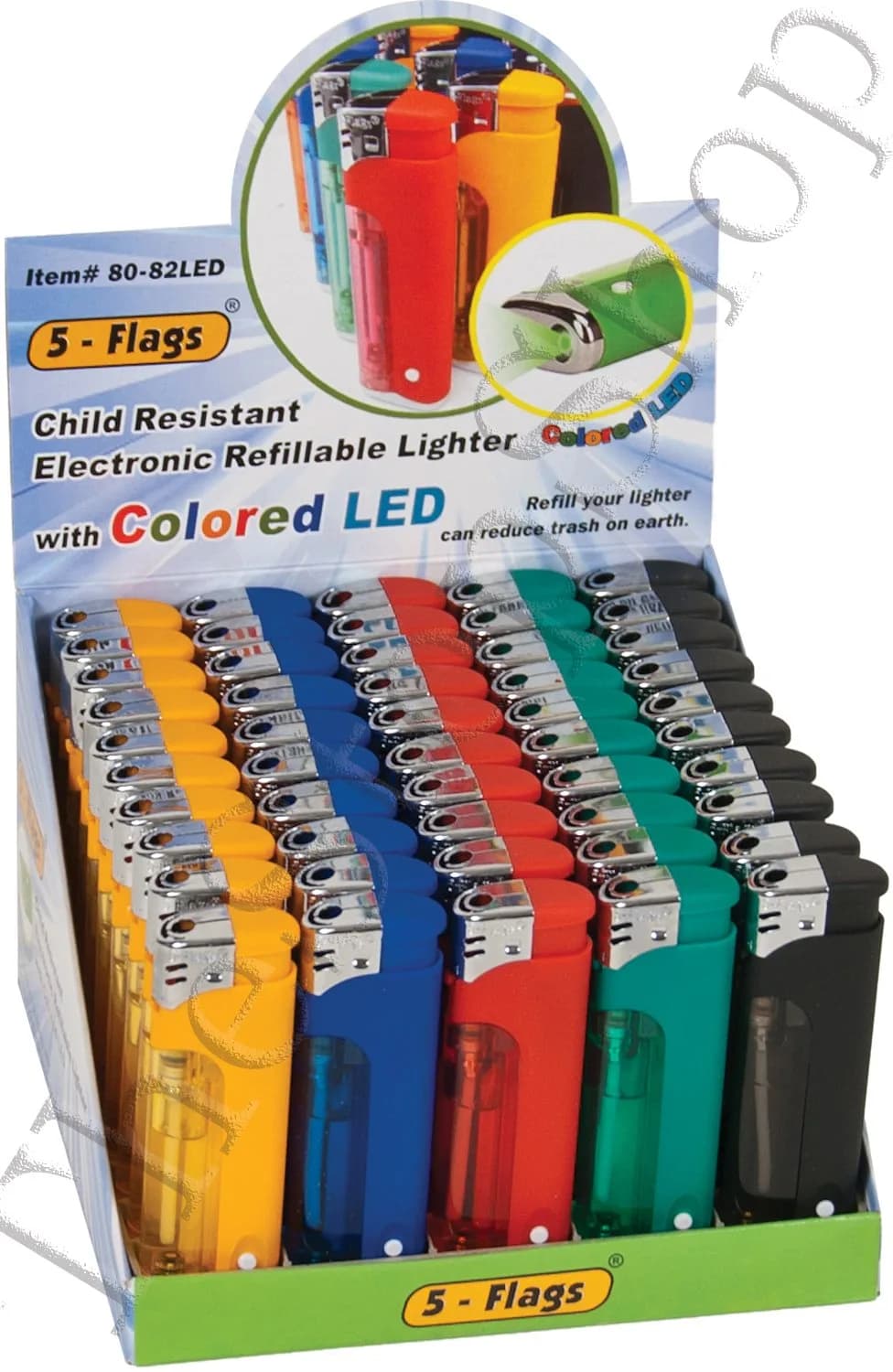 5-Flags Refillable LED Child Resistant Lighter Assorted Colors | Modern Design, Assorted Colors, 50 Count — Assorted