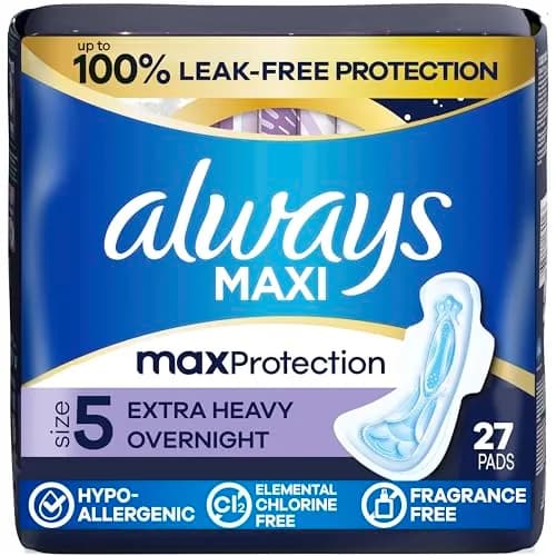 Always Maxi Overnight Feminine Pads with Wings, Size 5, Extra Heavy Absorbency, Unscented, 27 Count | Reliable Overnight Protection That Actually Works thumbnail 1
