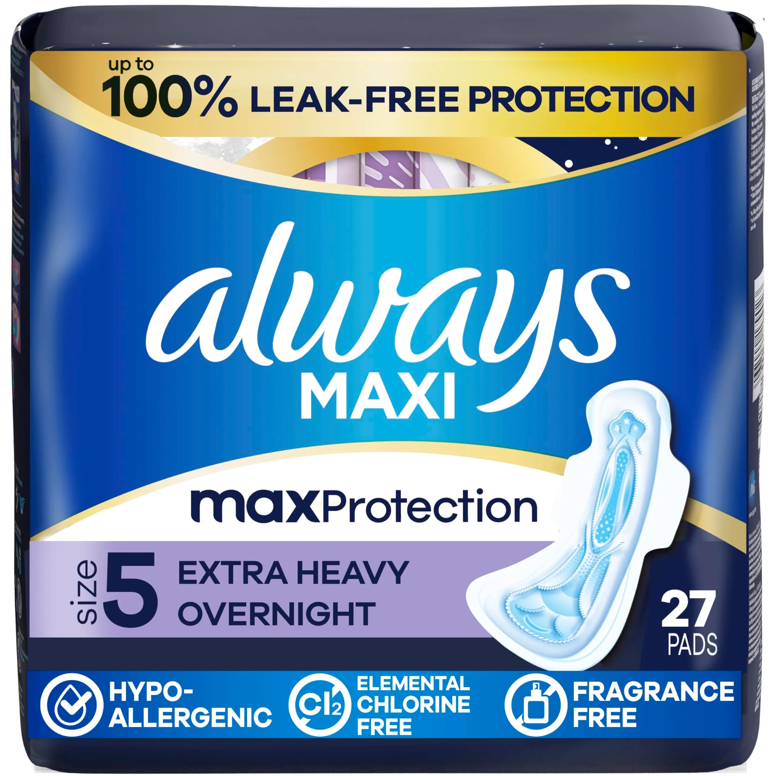 Always Maxi Overnight Feminine Pads with Wings, Size 5, Extra Heavy Absorbency, Unscented, 27 Count | Reliable Overnight Protection That Actually Works - main product image