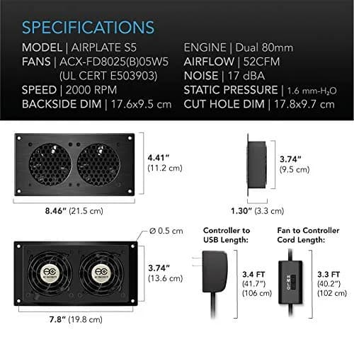 AC Infinity AIRPLATE S5 Cabinet Cooling Fan 8" (20.3 cm) with Speed Controller | 52 CFM, 18 dBa, Dual Ball Bearings thumbnail 6