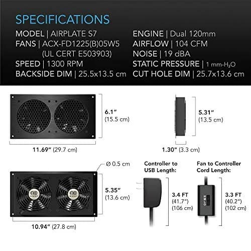 AC Infinity AIRPLATE S7 Quiet Cabinet Cooling Fan 12" (30.7 cm) with Speed Controller | 104 CFM Airflow, 19 dBA Noise, Dual Ball Bearings thumbnail 5