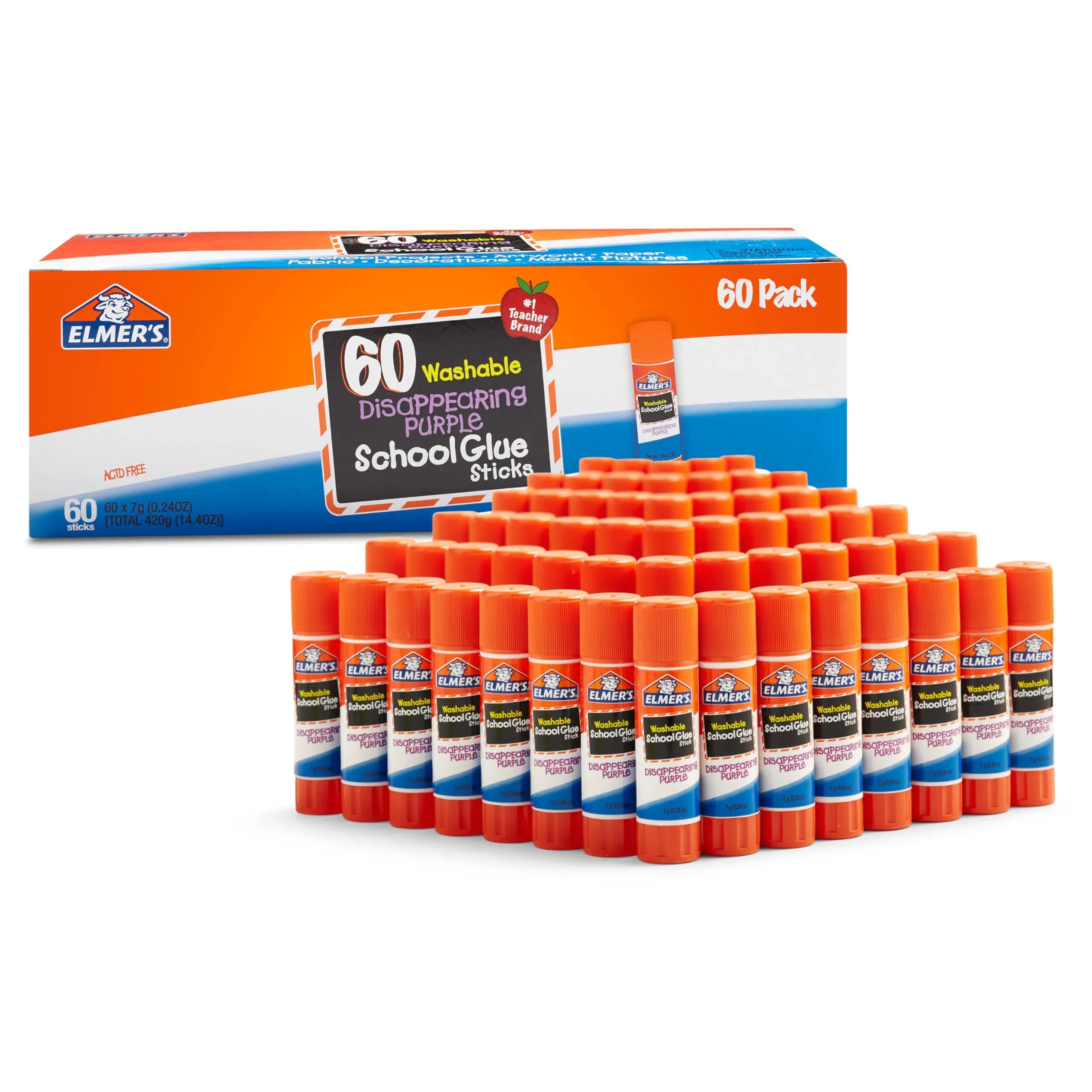 Elmer's Disappearing Purple School Glue Sticks, Washable, 7g Each, 60 Count | Non-Toxic Classroom Pack — 7g sticks