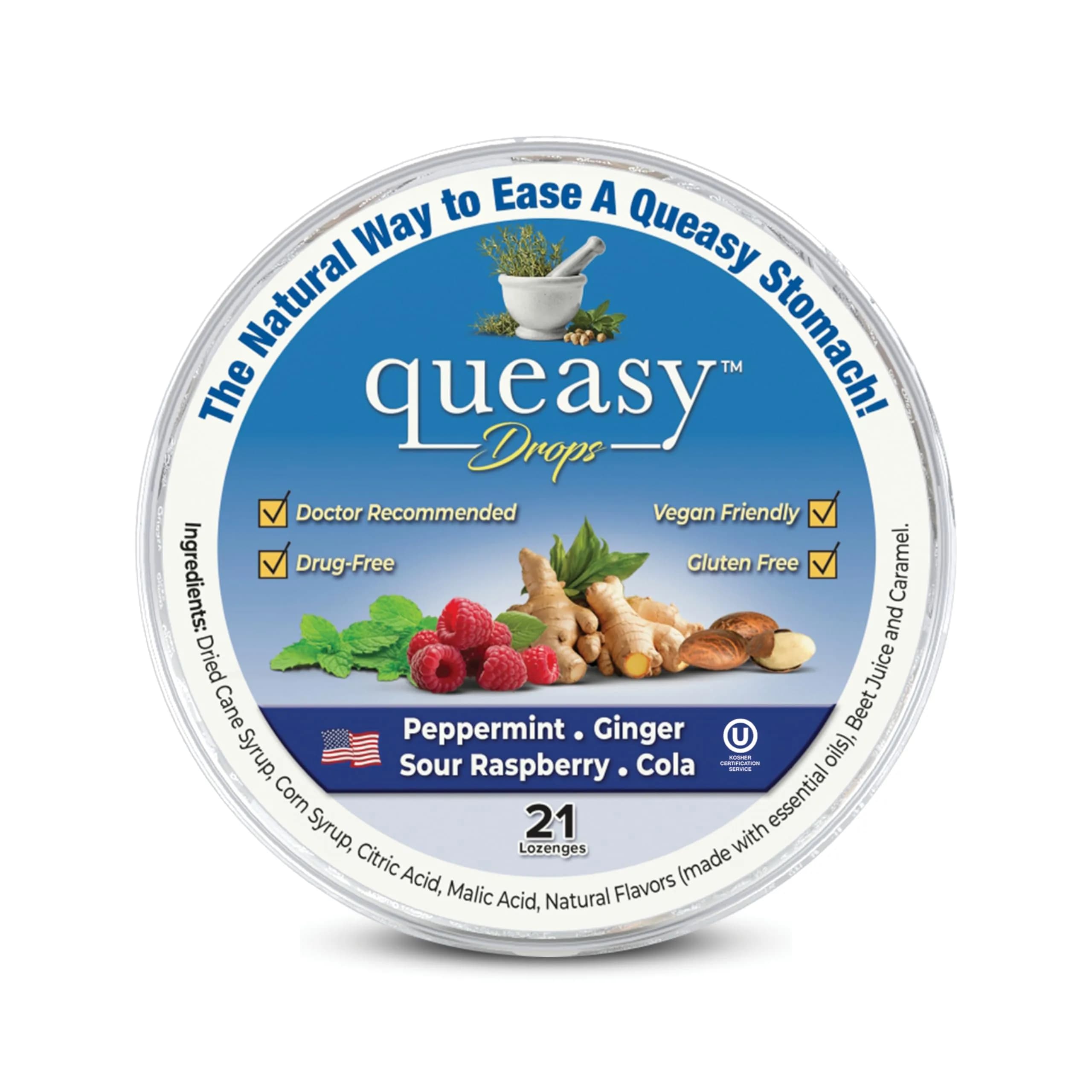 Three Lollies Queasy Drops 21 ct | Natural Nausea Relief for Travel & Chemotherapy Support