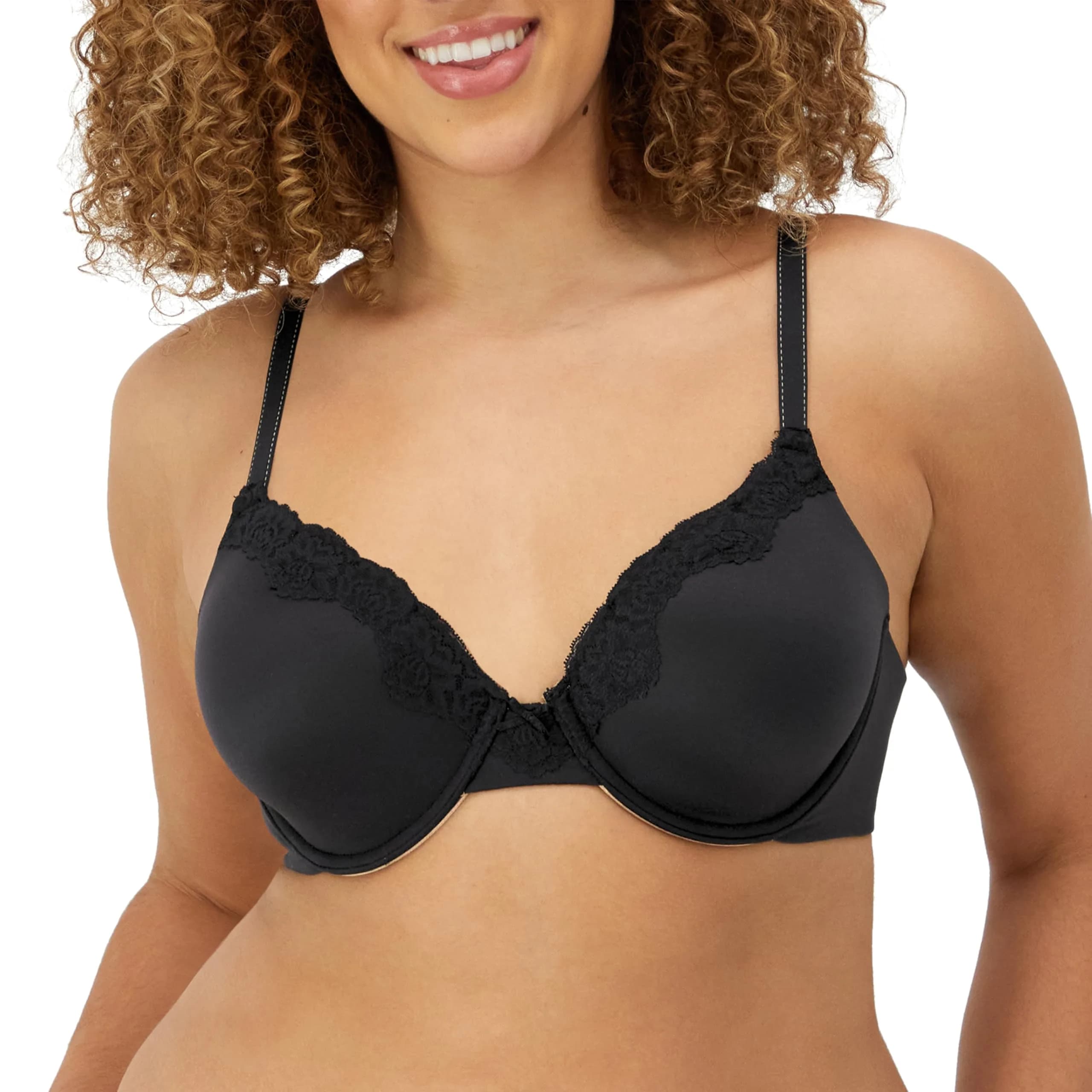Maidenform Comfort Devotion Embellished Bra 34DD | Full Coverage, Soft Satin Microfiber, Convertible Straps — Black/Body Beige Lining / 34DD