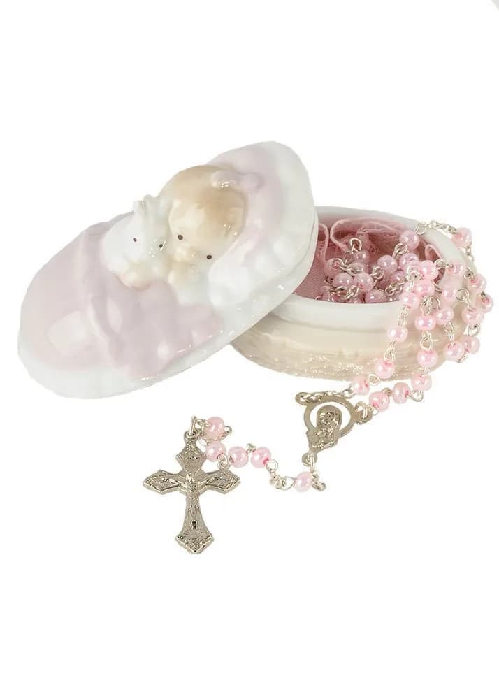 Roman Children's Gift Box with Rosary | Religious, Durable, 1.5"H Baby Girl Keepsake — Pink