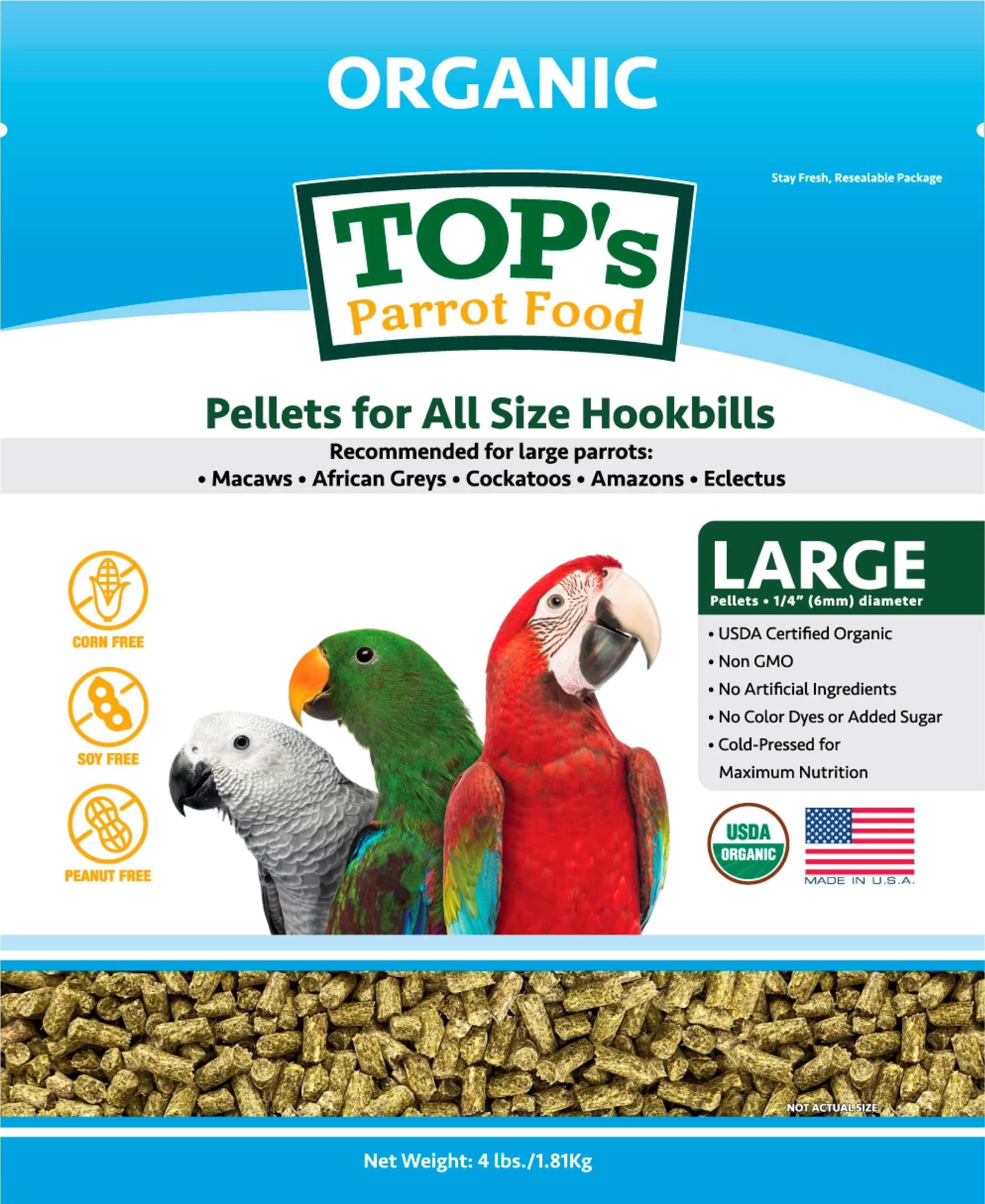 TOP's Parrot Food USDA Organic Certified Non-GMO Bird Food for Hookbills 1.82 kg (4 lb) | Complete Diet for Large Parrots — 4 Pound