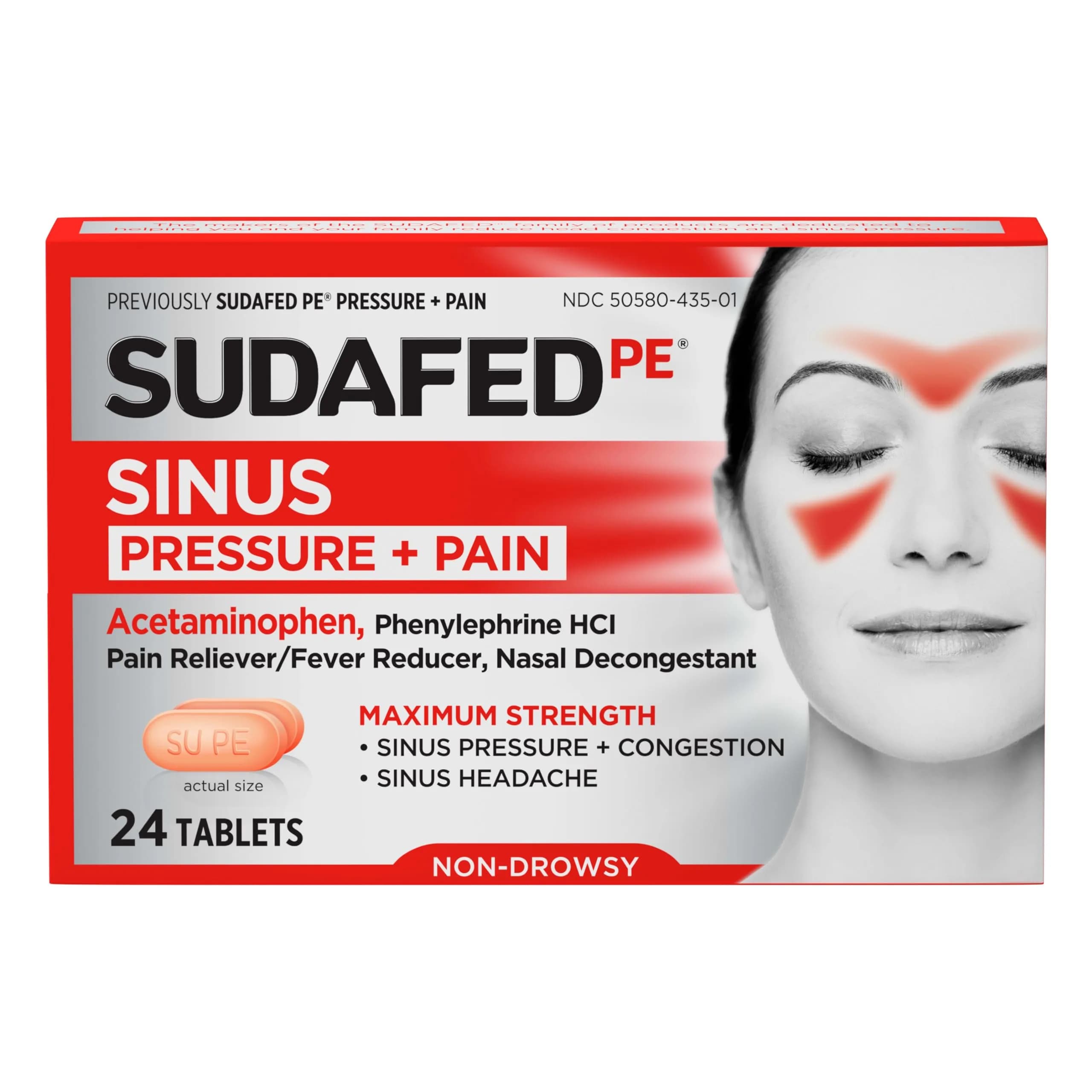 Sudafed Sinus Pressure + Pain Relief Tablets 24 Ct | Non-Drowsy Maximum Strength — Red