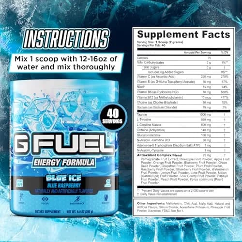 G Fuel Blue Ice Energy Drink Powder, 9.8kg (40 Servings) | Sugar Free Focus Amino with Antioxidants thumbnail 3