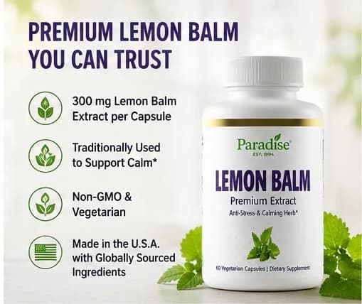 Paradise Herbs & Essentials Lemon Balm Extract, Vegan, 60 Capsules | Supports Calm & Relaxation thumbnail 2