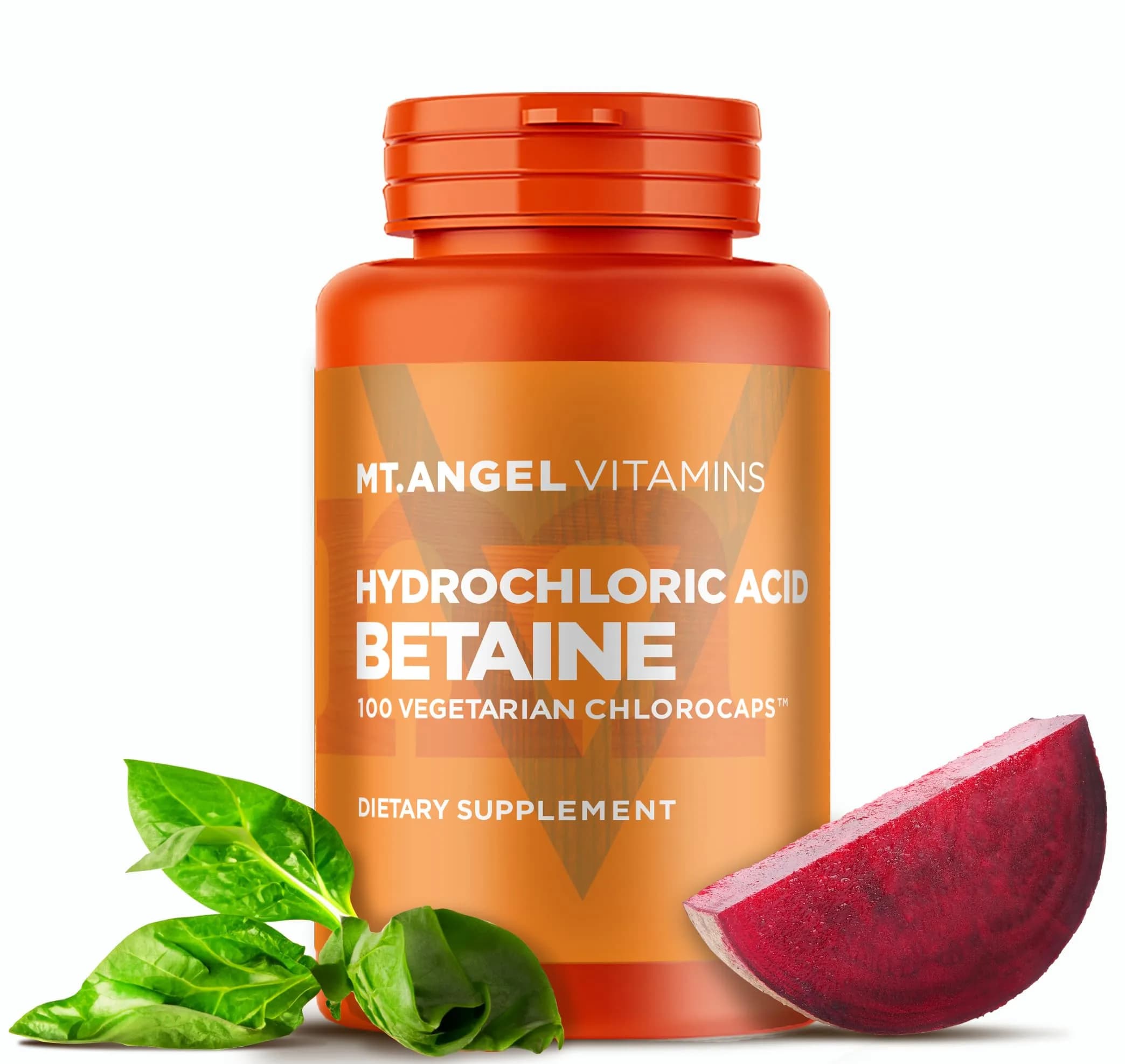 Mt. Angel Vitamins Hydrochloric Acid Betaine 100 Vegetarian Chlorocaps Supports Healthy Digestion & Gastric Juices - main product image