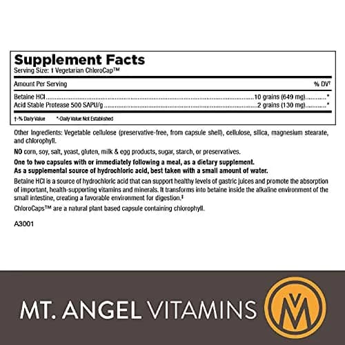 Mt. Angel Vitamins Hydrochloric Acid Betaine 100 Vegetarian Chlorocaps Supports Healthy Digestion & Gastric Juices thumbnail 3