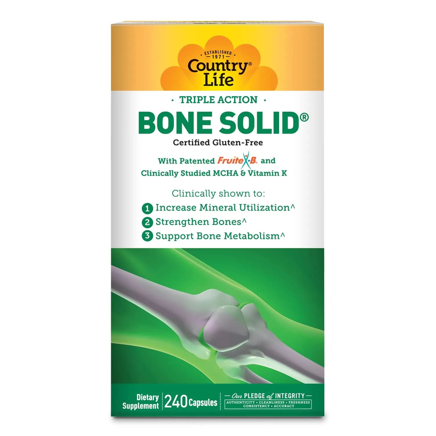 Country Life Triple Action Bone Solid, Calcium MCHA K2 D3, 240 Capsules | Supports Bone Strength & Density - main product image