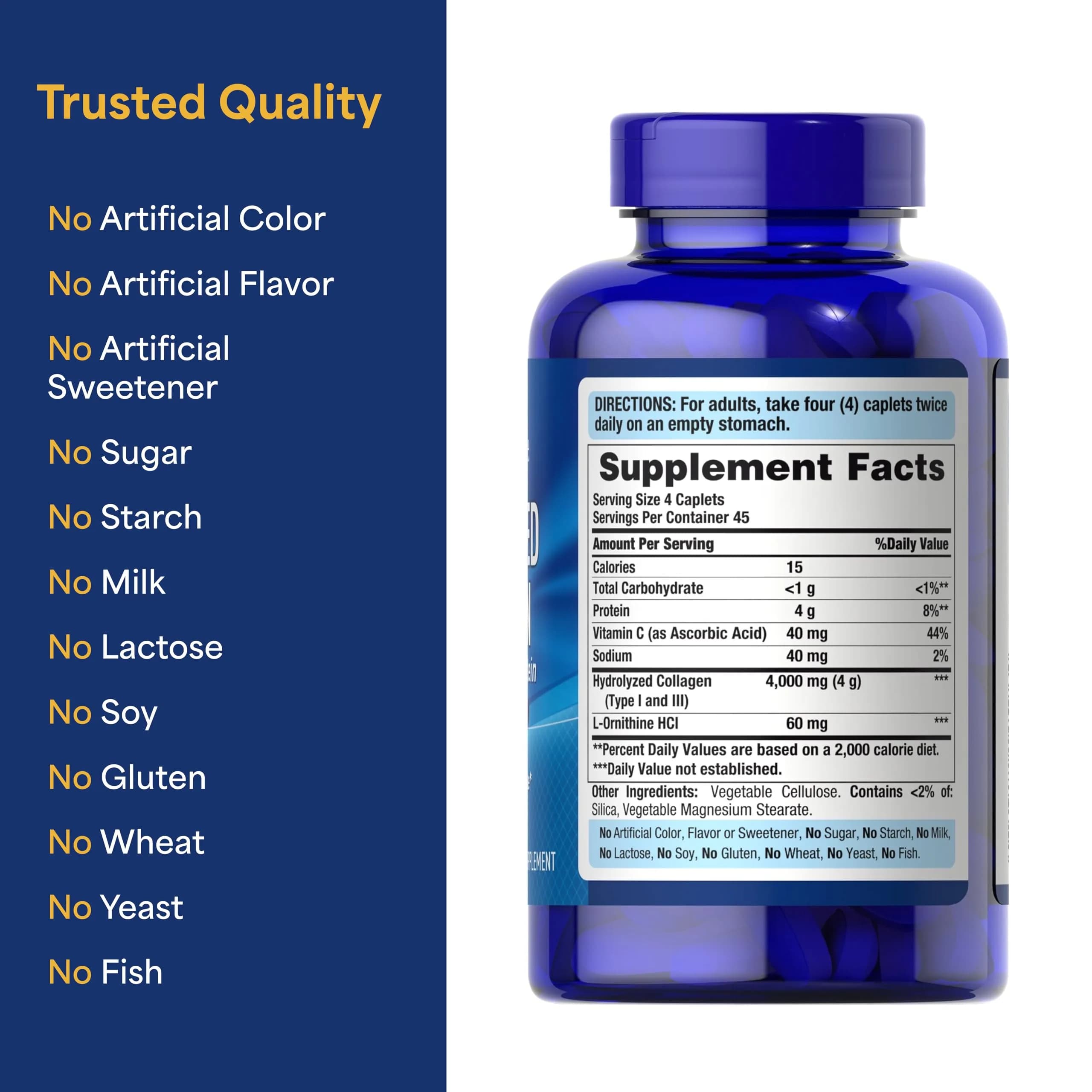 Puritan's Pride Hydrolyzed Collagen Pro-Structural Protein 1000mg Caplets | 4000mg Per Serving, 180 Count - view 6