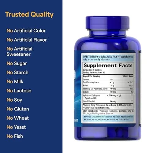 Puritan's Pride Hydrolyzed Collagen Pro-Structural Protein 1000mg Caplets | 4000mg Per Serving, 180 Count thumbnail 6